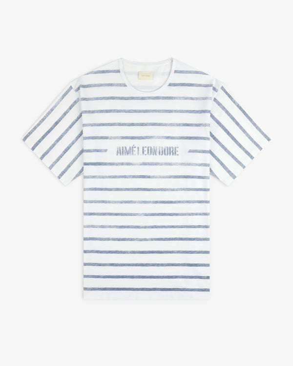 Slub Beach Tee: White T-shirt with blue stripes and AIMÉ LEON DORE text across the chest.
