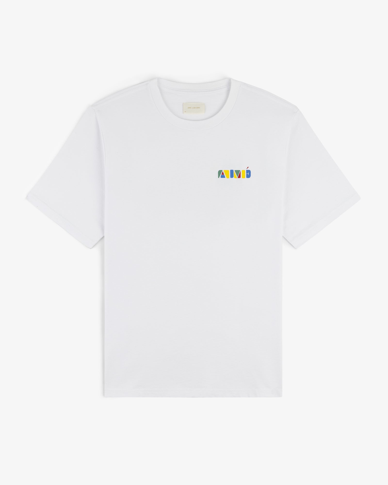 Stacked Logo Tee in white with a small, colorful geometric AMI logo on the left chest, laid flat on white.
