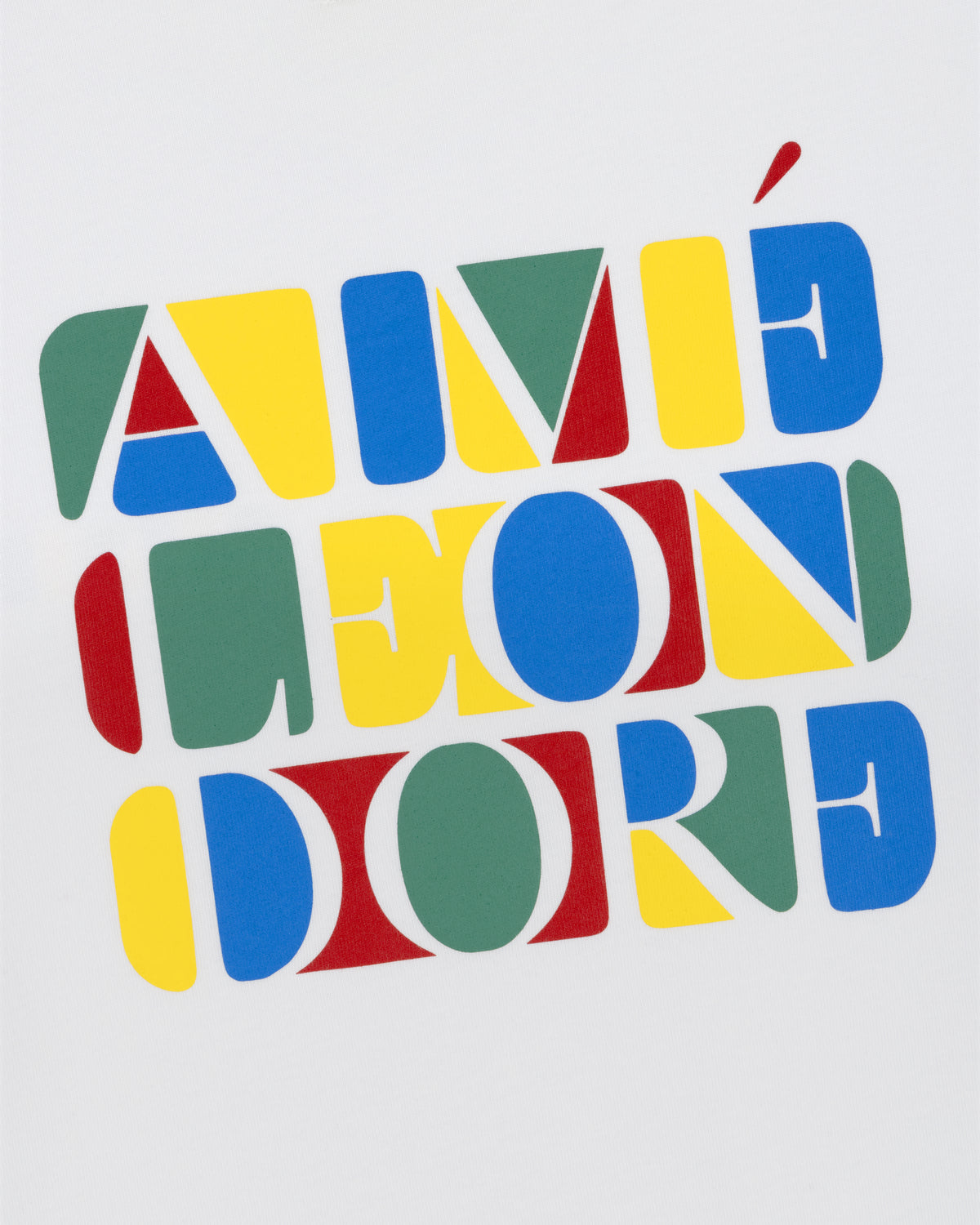 Colorful geometric "AIMÉ LEON DORE" logo on white Stacked Logo Tee.