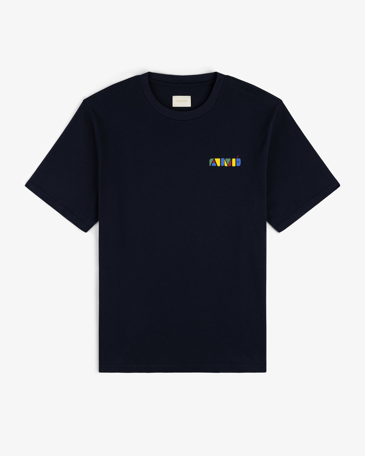 Navy blue Stacked Logo Tee with a small, colorful geometric AMI logo on the left chest.