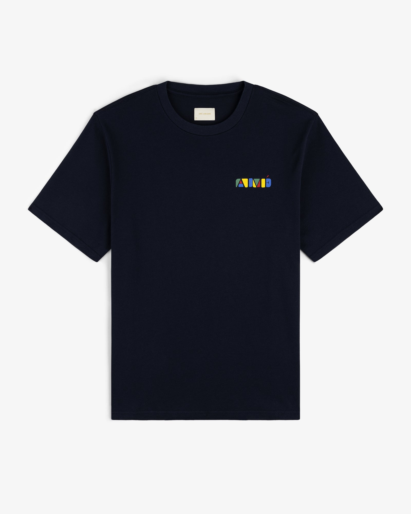 Navy blue Stacked Logo Tee with a small, colorful geometric AMI logo on the left chest.