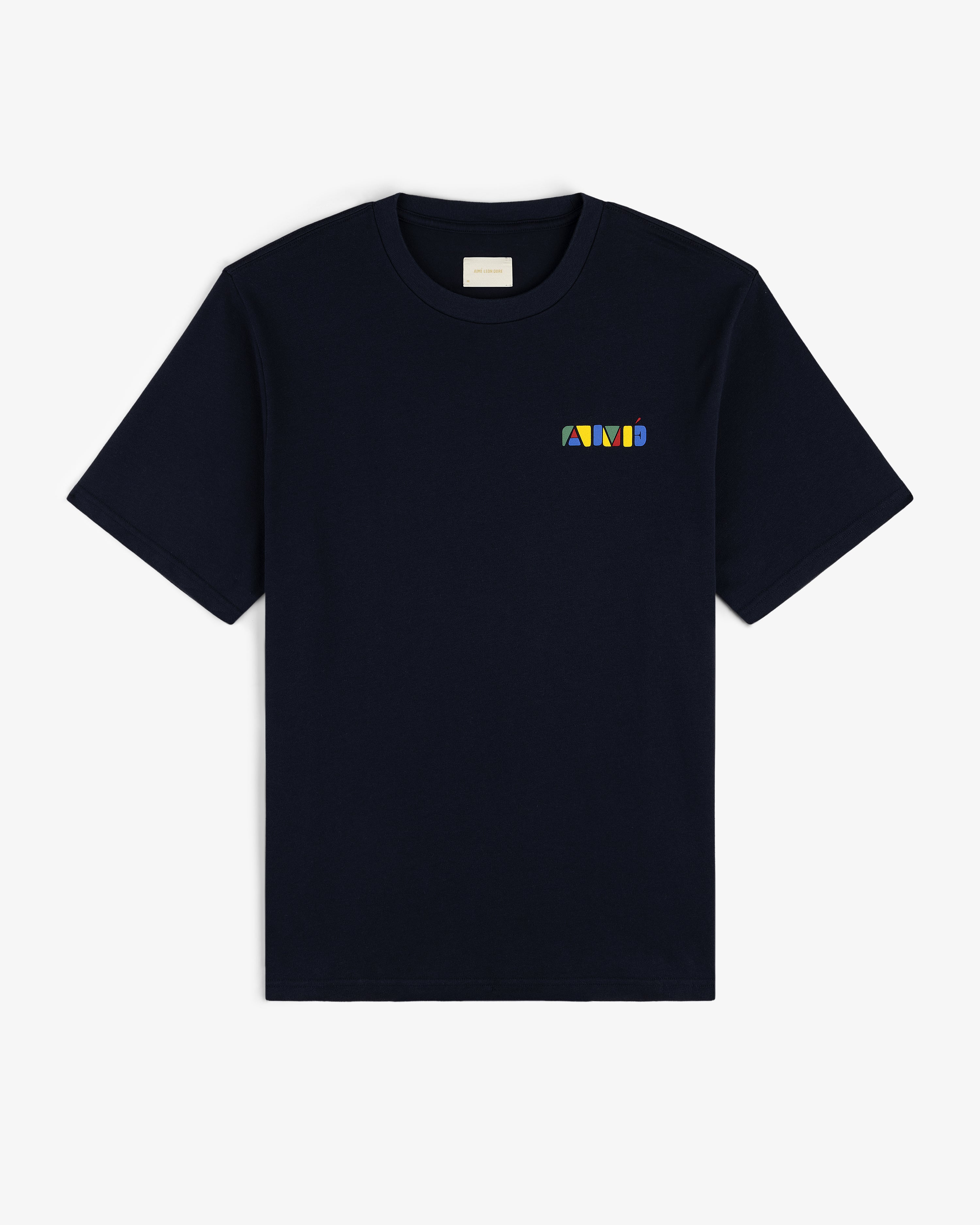 Navy blue Stacked Logo Tee with a small, colorful geometric AMI logo on the left chest.