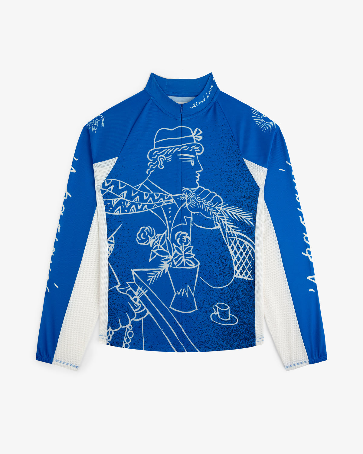 Blue and white Fassianos Half-Zip Cycling Jersey features line art of a person in a hat drinking from a cup.