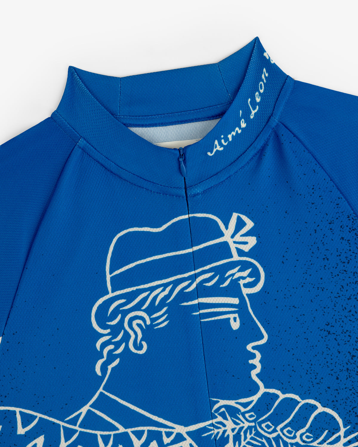 Fassianos Half-Zip Cycling Jersey: blue with white line art of a man in a hat; collar says Aimé Leon.