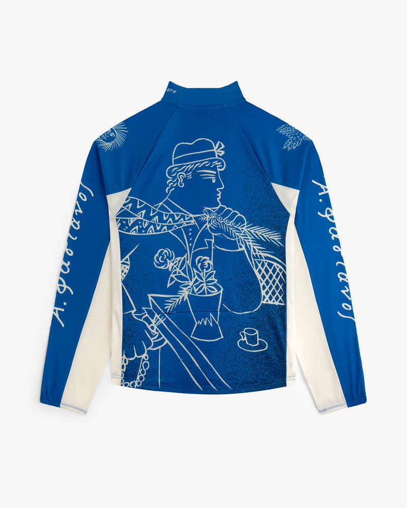 Blue and white Fassianos Half-Zip Cycling Jersey with a line art illustration of a person and objects on the back.
