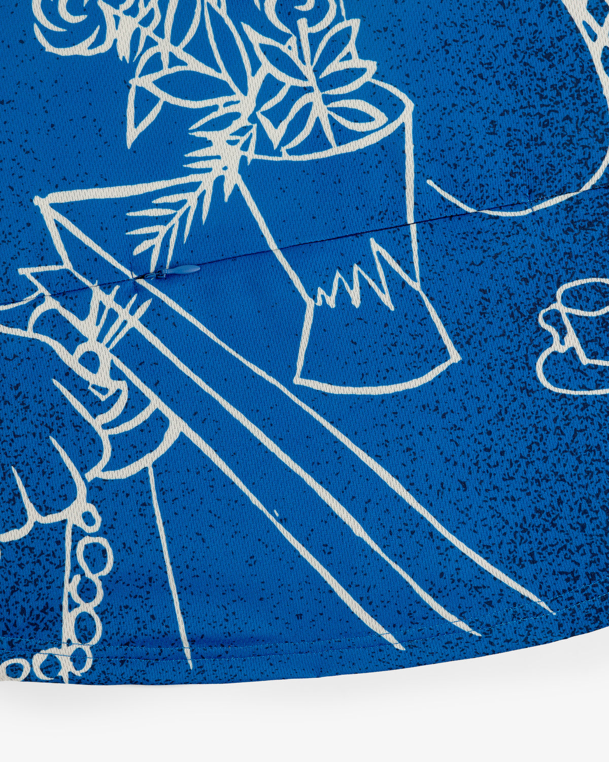 White line art vase/flowers/hand on blue speckled Fassianos Half-Zip Cycling Jersey, with a teacup on the side.