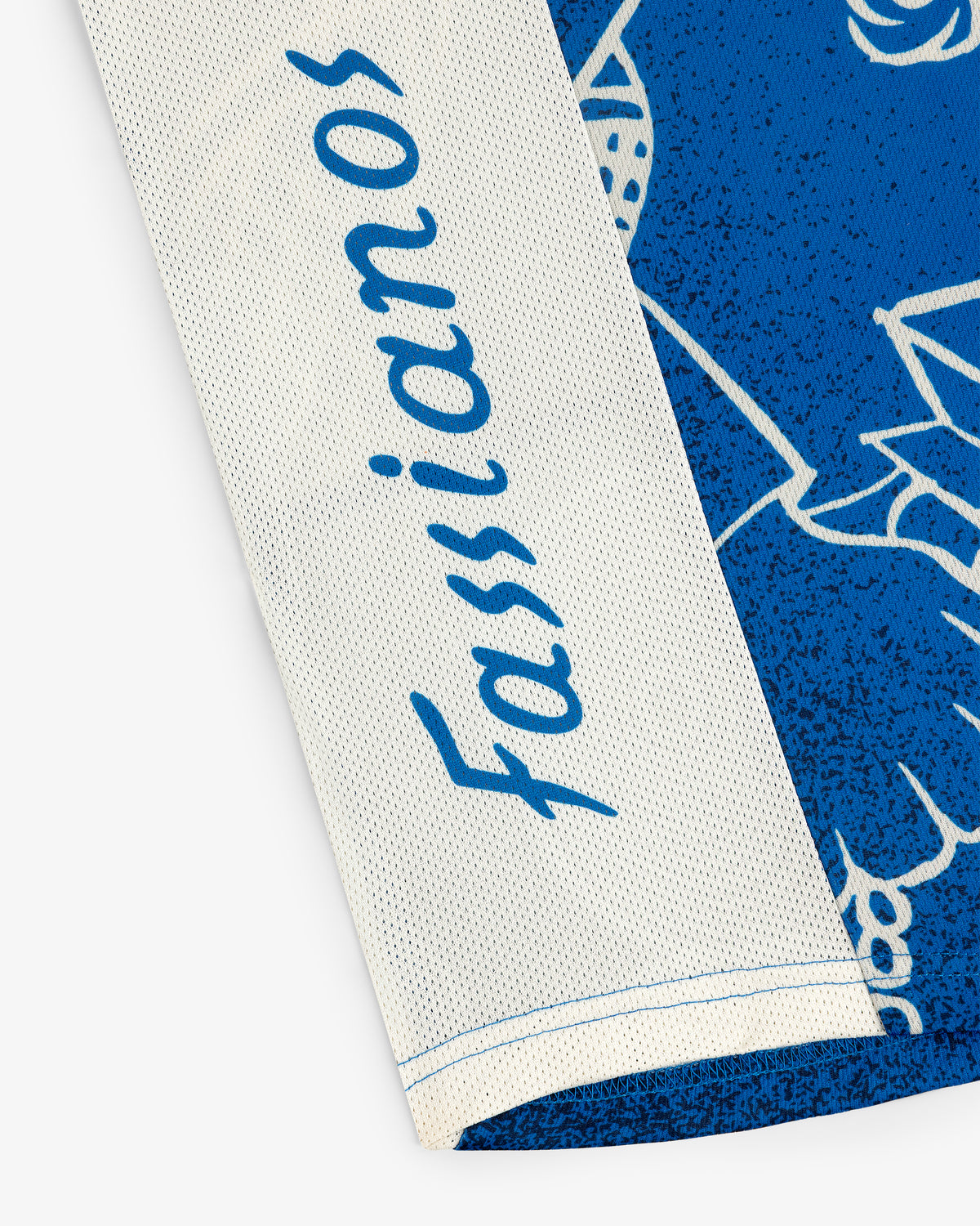 Fassianos Half-Zip Cycling Jersey: white and blue with blue “Fassianos” cursive and a blue abstract design.