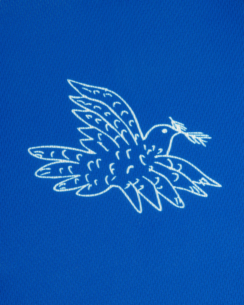 White dove with olive branch on blue texture features on Fassianos Half-Zip Cycling Jersey.