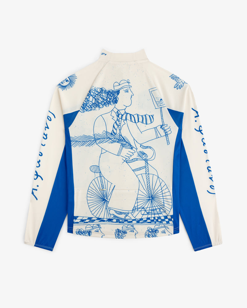 White and blue Fassianos Half-Zip Cycling Jersey with a back graphic of a person cycling and taking a selfie.