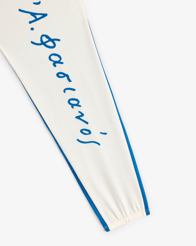 The Fassianos Half-Zip Cycling Jersey features a white sleeve with blue trim and blue cursive writing along its length.