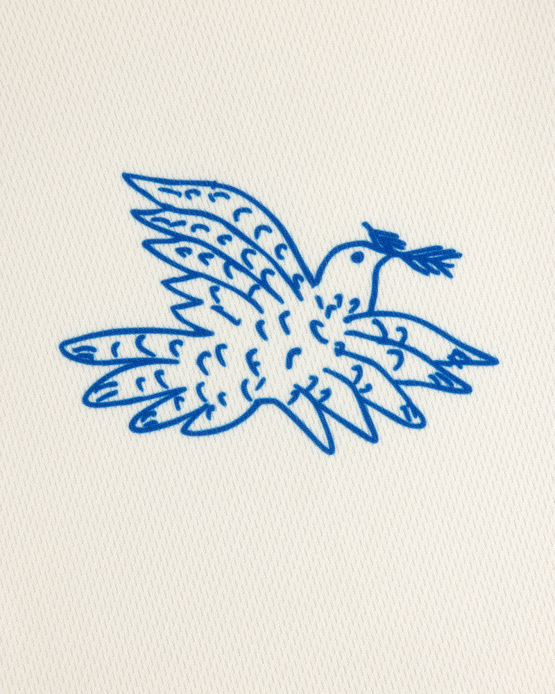 Simple blue line drawing of a bird with a twig on textured white, featured on the Fassianos Half-Zip Cycling Jersey.