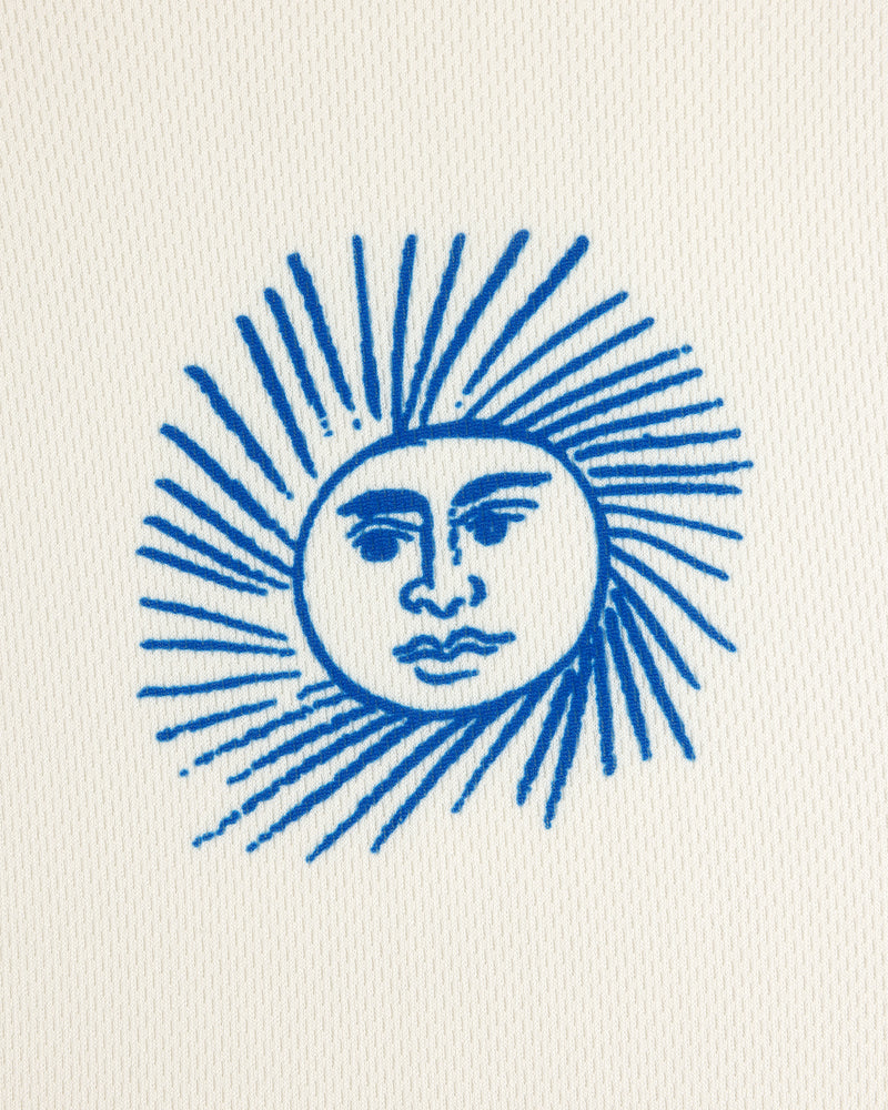 Fassianos Half-Zip Cycling Jersey featuring a blue sun with human face and rays on a textured white background.