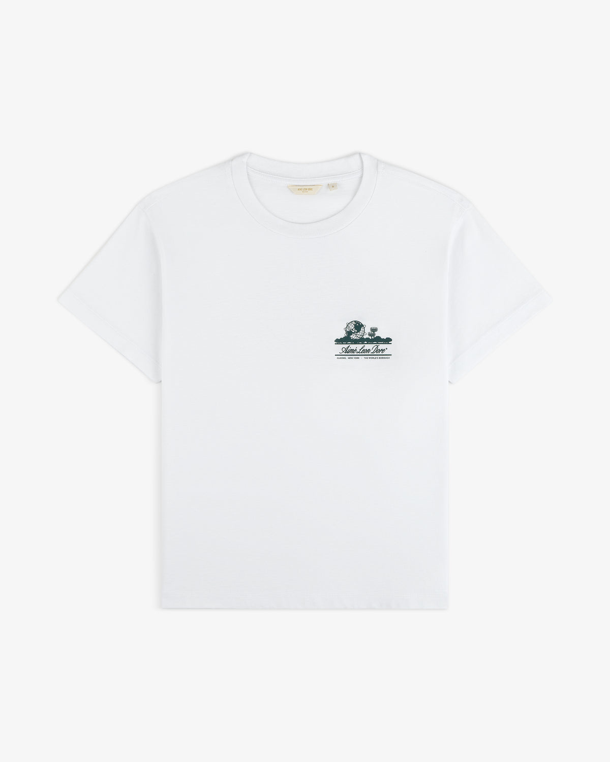 Cropped Aloe-Blend Unisphere Tee: white, short-sleeve with small green graphic and text on the left chest.