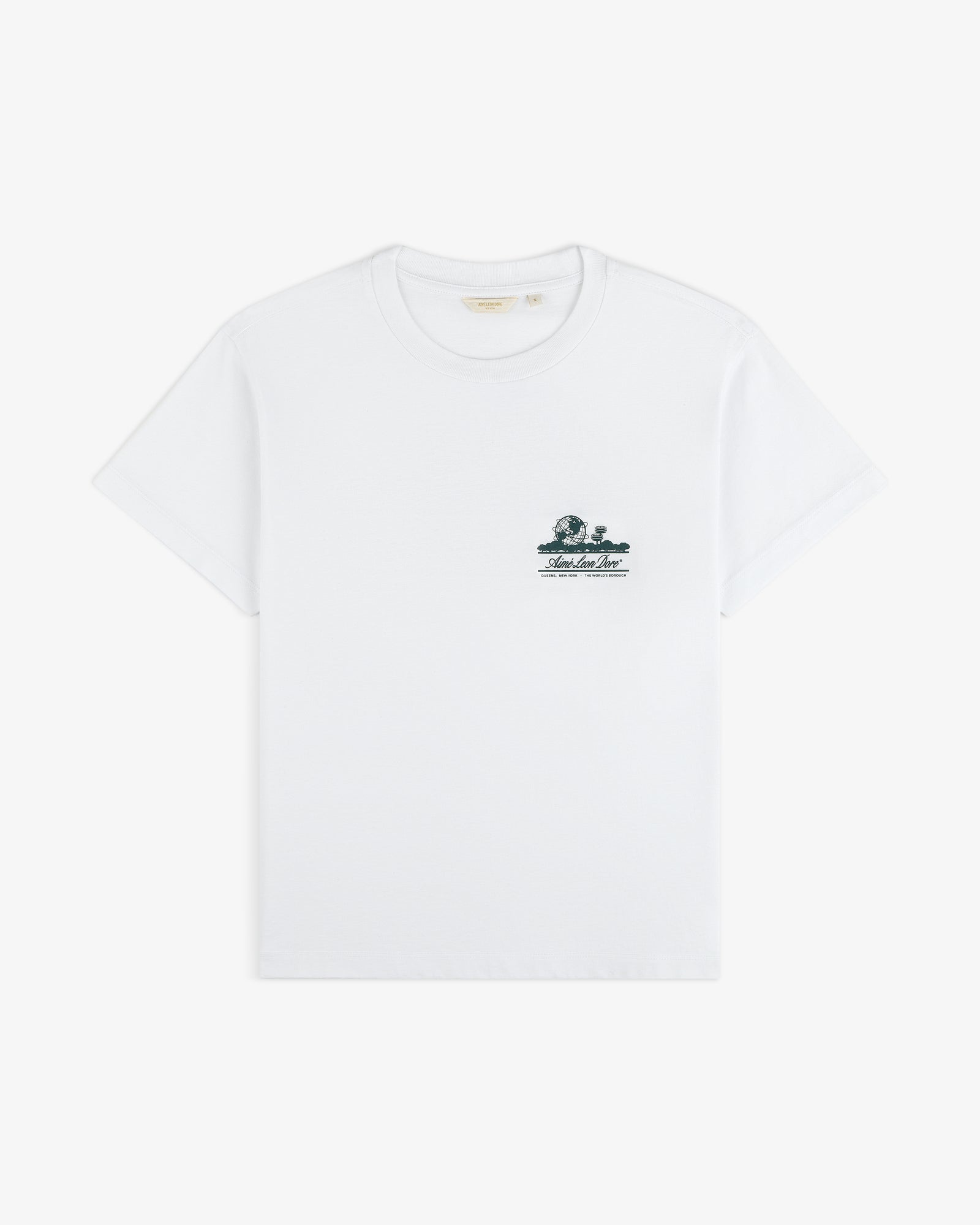 Cropped Aloe-Blend Unisphere Tee: white, short-sleeve with small green graphic and text on the left chest.