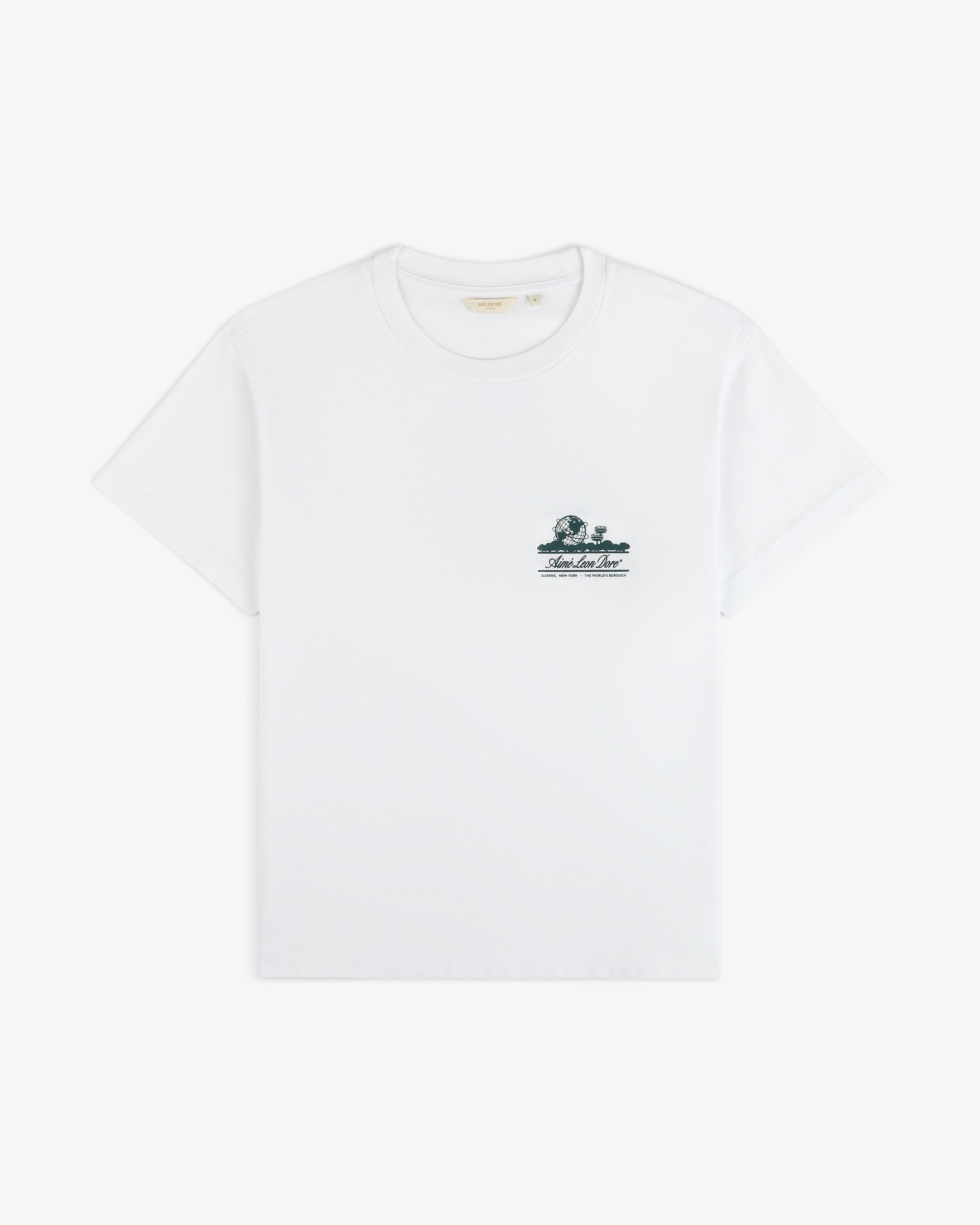 Cropped Aloe-Blend Unisphere Tee: white, short-sleeve with small green graphic and text on the left chest.