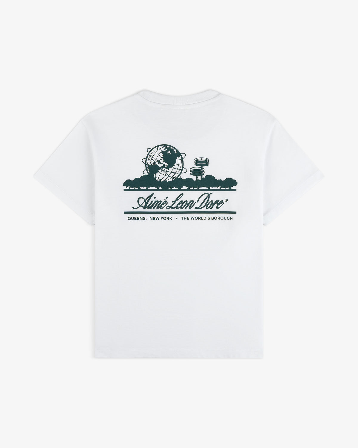 Cropped Aloe-Blend Unisphere Tee with dark green Unisphere and Aimé Leon Dore text on back, inspired by Queens, NY.