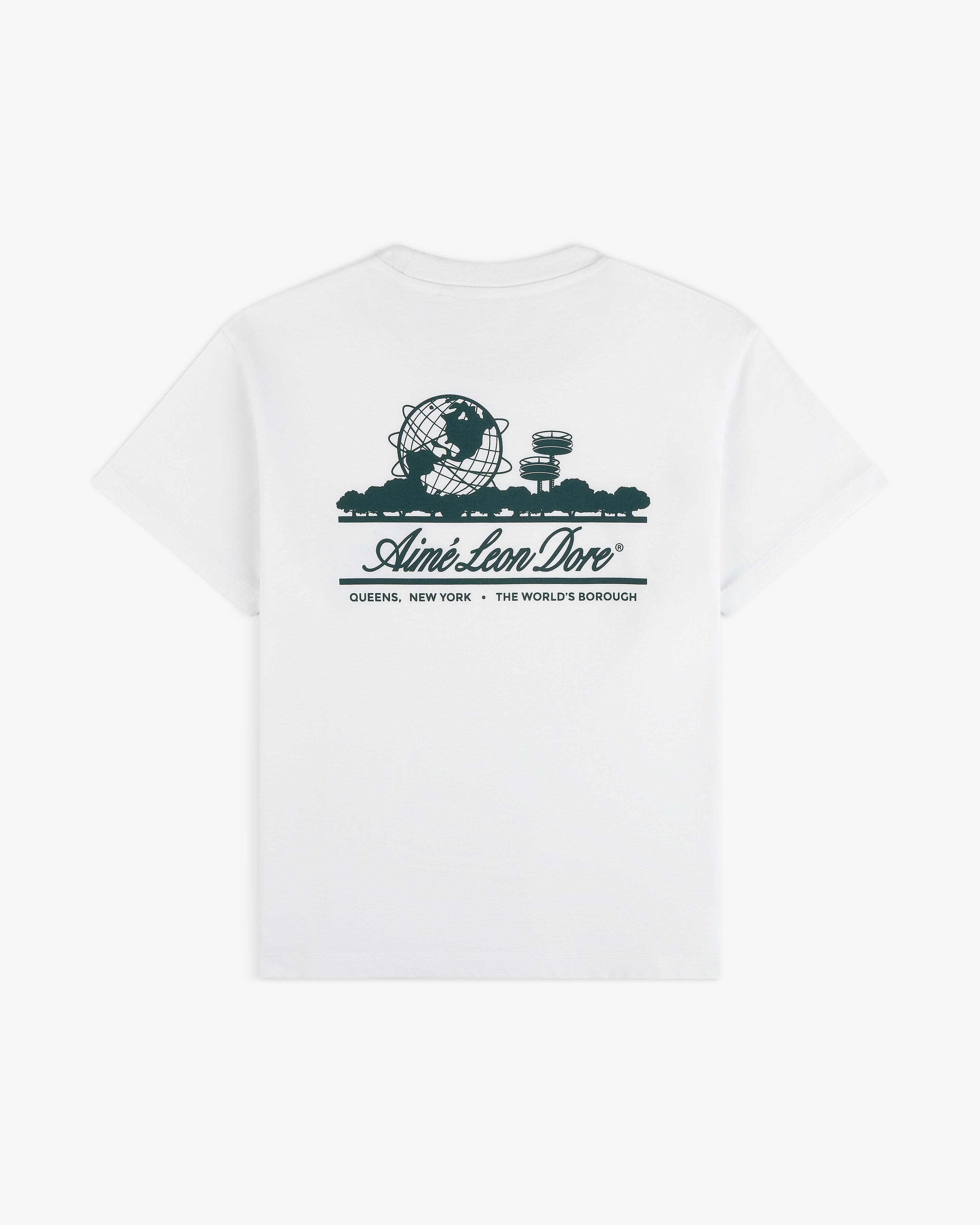 Cropped Aloe-Blend Unisphere Tee with dark green Unisphere and Aimé Leon Dore text on back, inspired by Queens, NY.