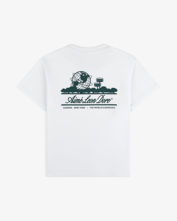 Cropped Aloe-Blend Unisphere Tee with dark green Unisphere and Aimé Leon Dore text on back, inspired by Queens, NY.