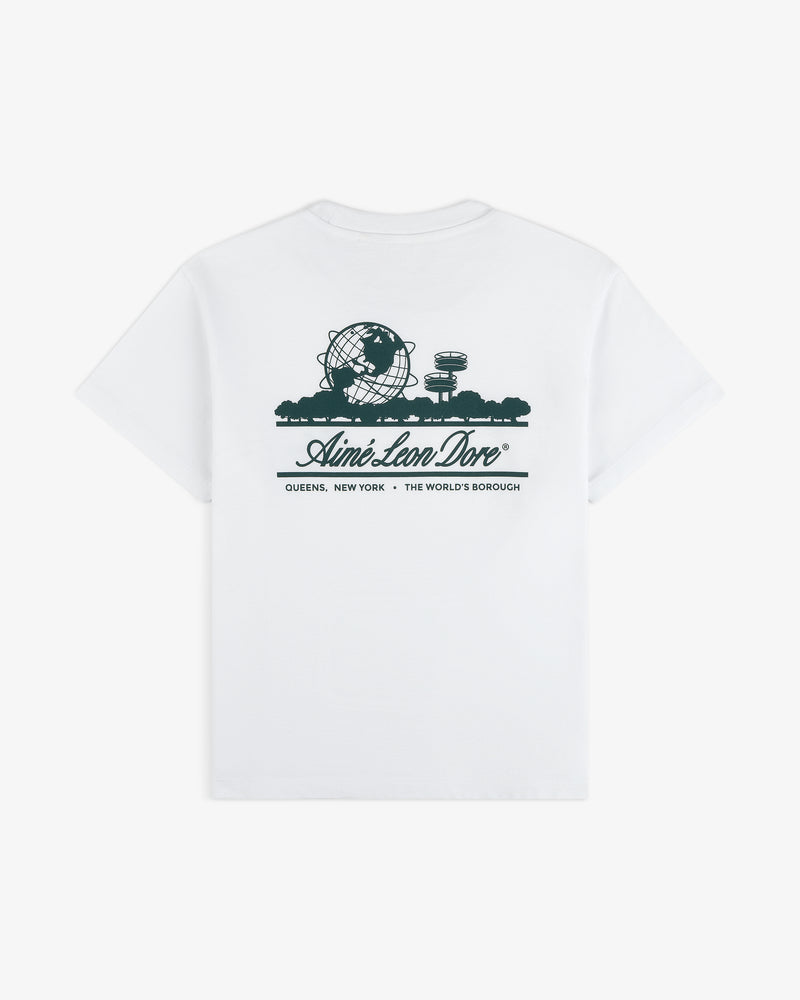 Cropped Aloe-Blend Unisphere Tee with dark green Unisphere and Aimé Leon Dore text on back, inspired by Queens, NY.