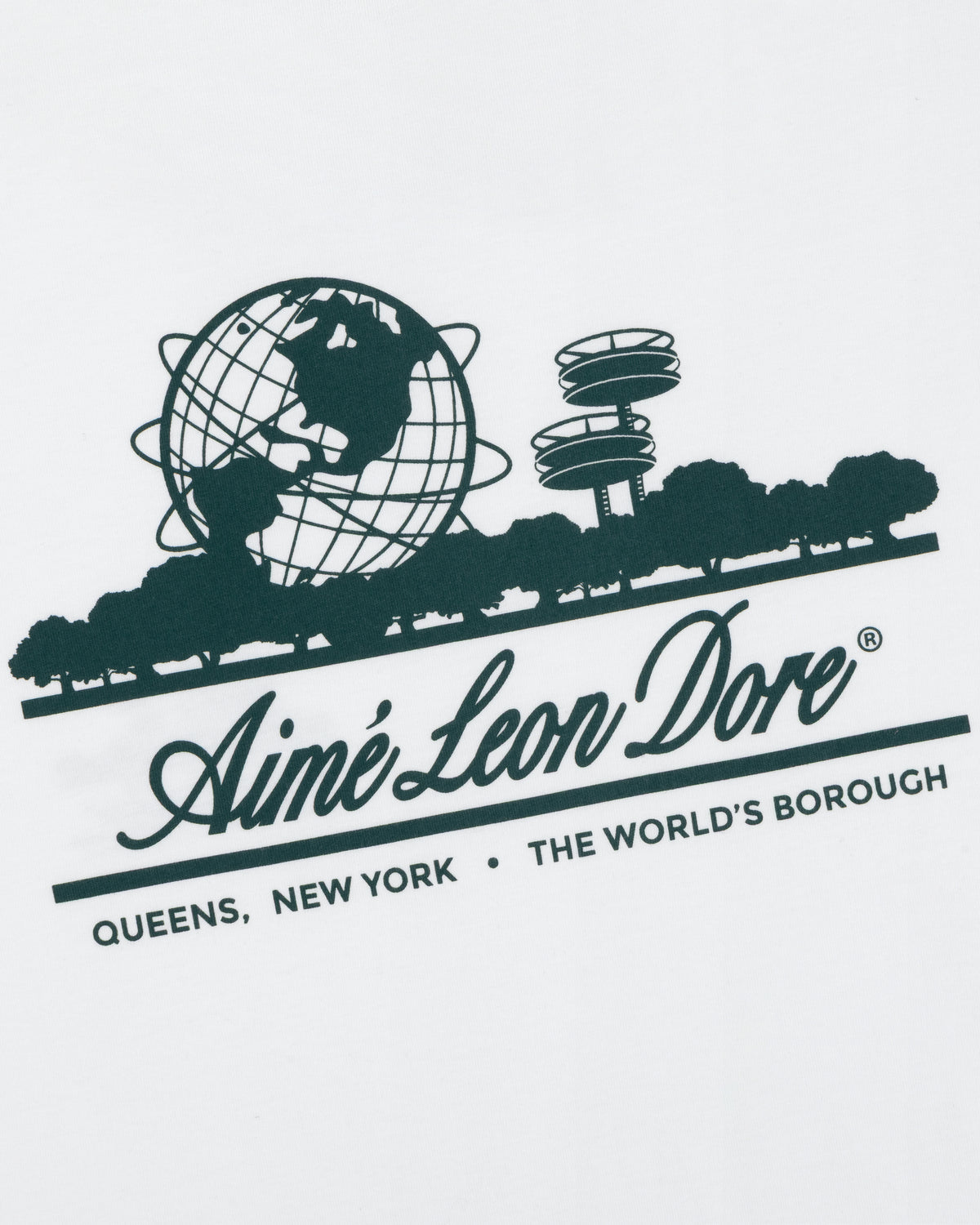 Logo with globe, trees, towers; reads Cropped Aloe-Blend Unisphere Tee, Aimé Leon Dore, Queens NY, The World’s Borough.