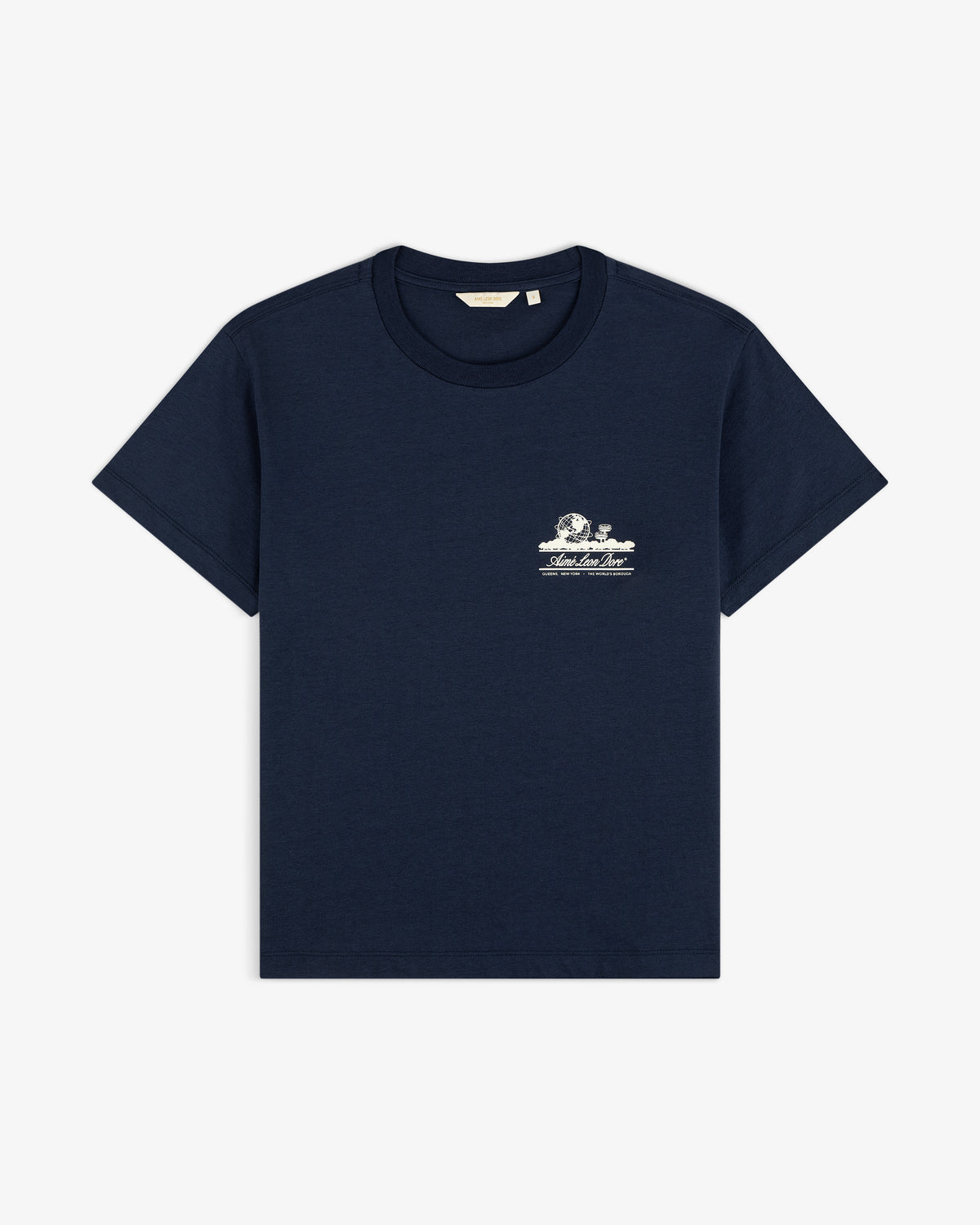 Cropped Aloe-Blend Unisphere Tee in navy with a small white graphic and text on the left chest.