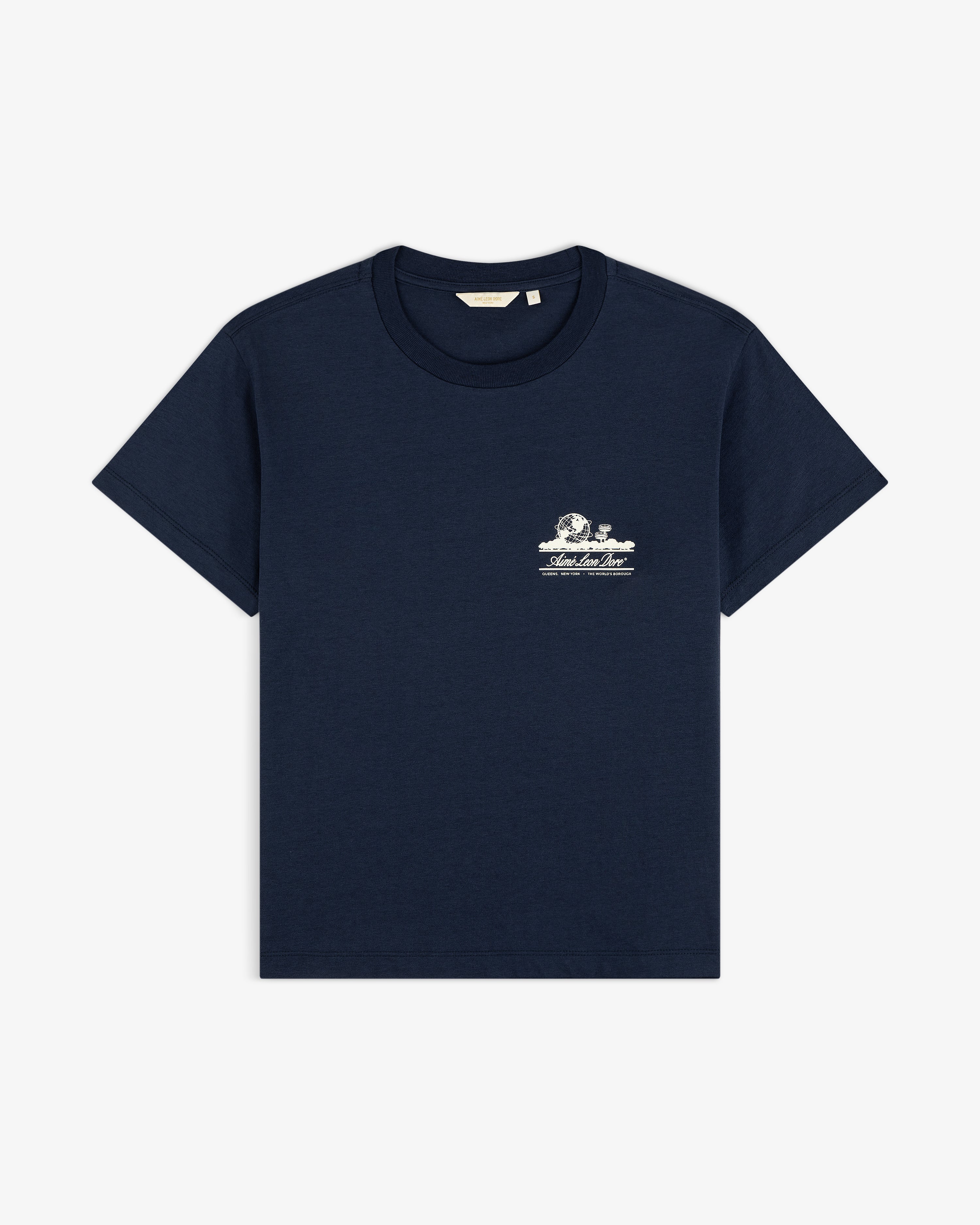 Cropped Aloe-Blend Unisphere Tee in navy with a small white graphic and text on the left chest.