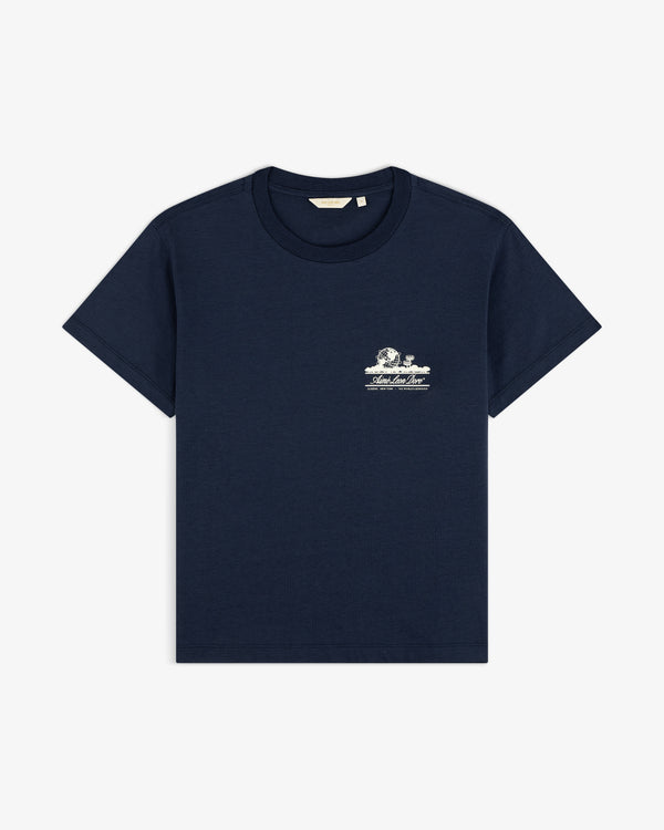 Cropped Aloe-Blend Unisphere Tee in navy with a small white graphic and text on the left chest.