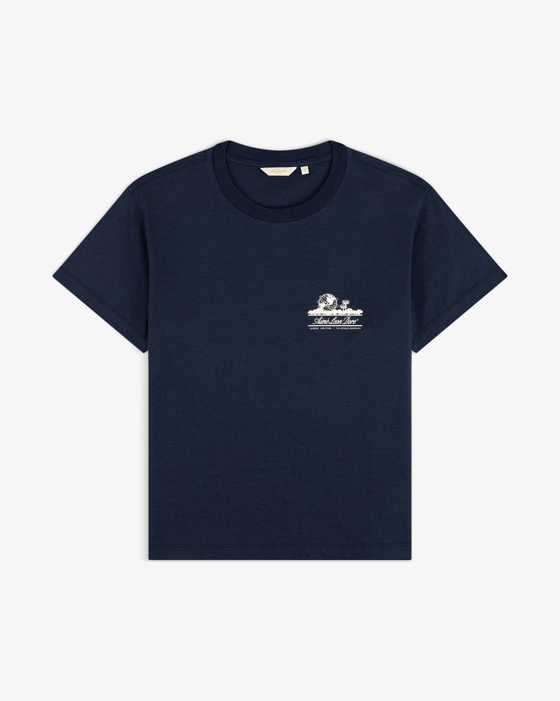 Cropped Aloe-Blend Unisphere Tee in navy with a small white graphic and text on the left chest.