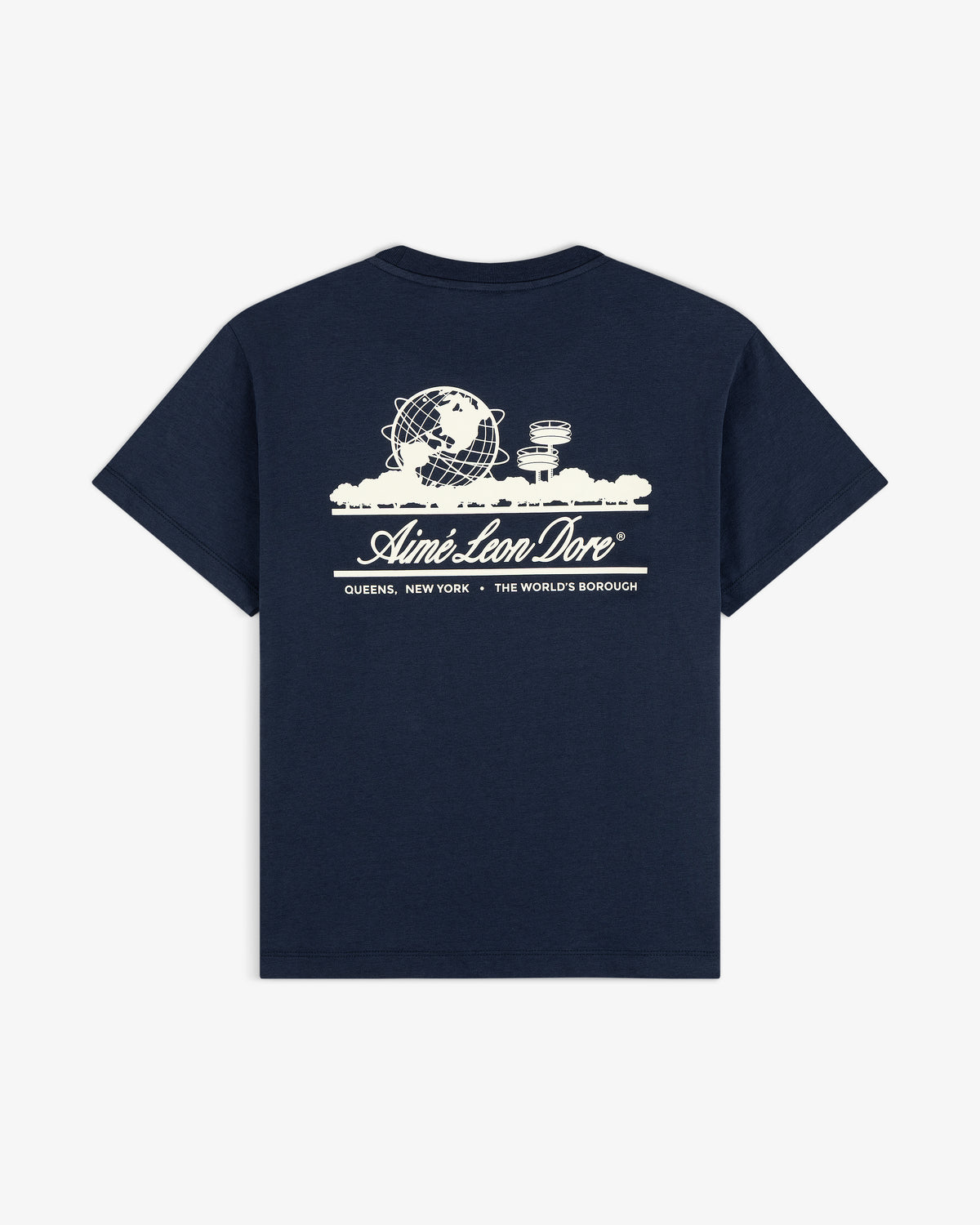 Cropped Aloe-Blend Unisphere Tee: Navy, white globe and towers graphic, Aimé Leon Dore Queens New York text.