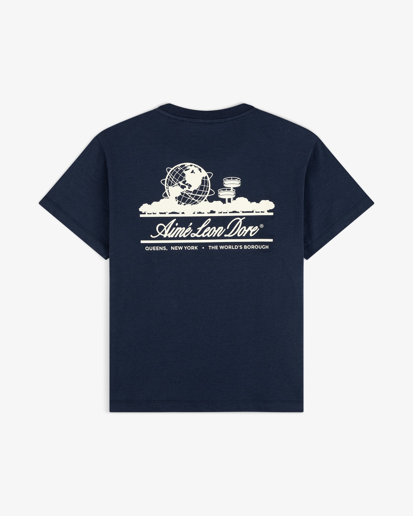 Cropped Aloe-Blend Unisphere Tee: Navy, white globe and towers graphic, Aimé Leon Dore Queens New York text.