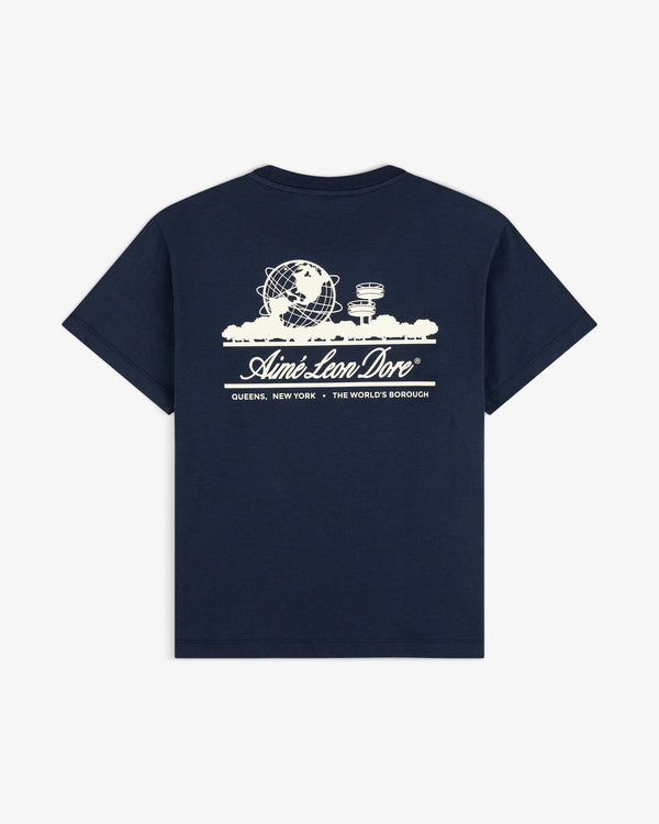 Cropped Aloe-Blend Unisphere Tee: Navy, white globe and towers graphic, Aimé Leon Dore Queens New York text.