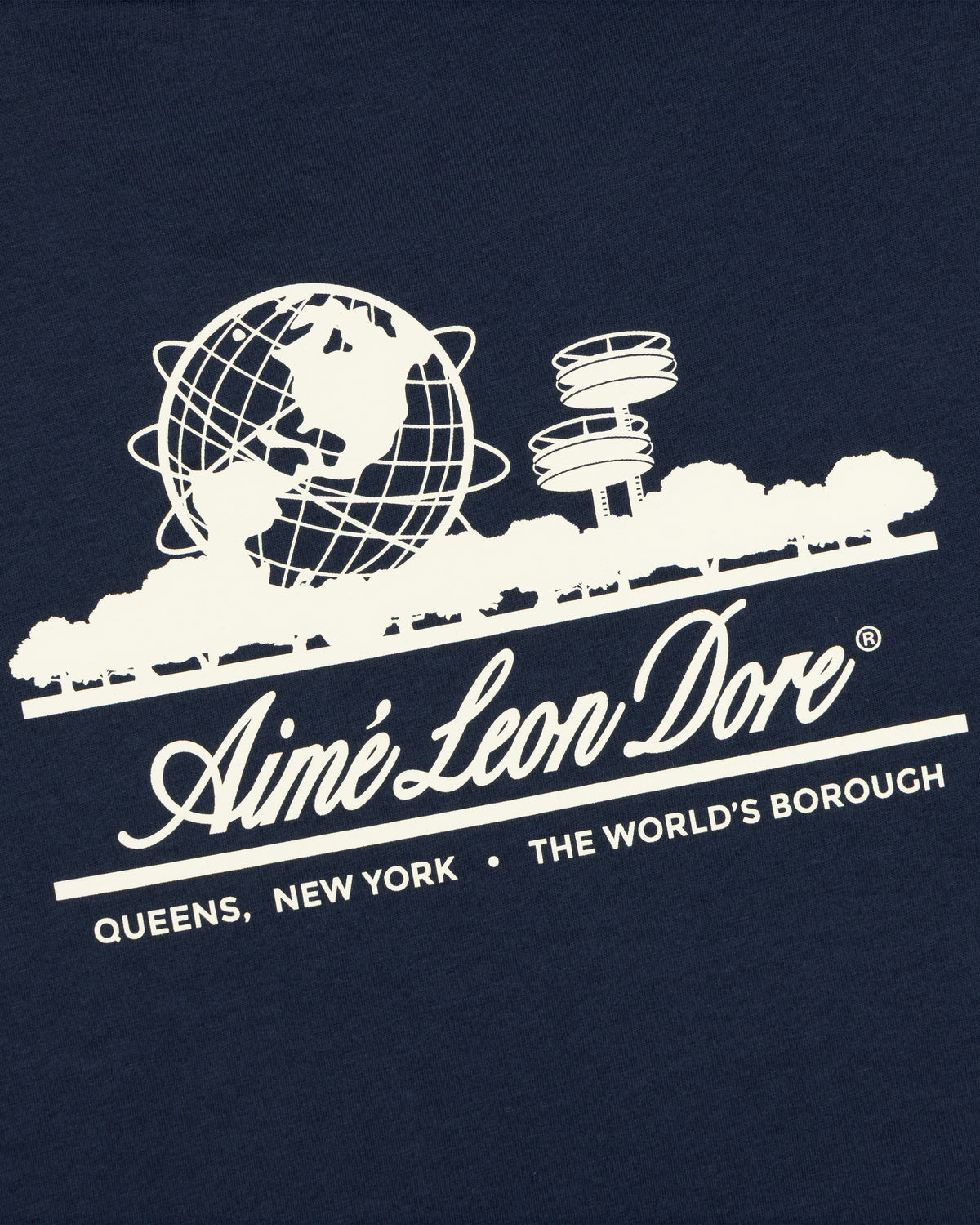 White Unisphere and trees graphic with Aimé Leon Dore on navy Cropped Aloe-Blend Unisphere Tee.