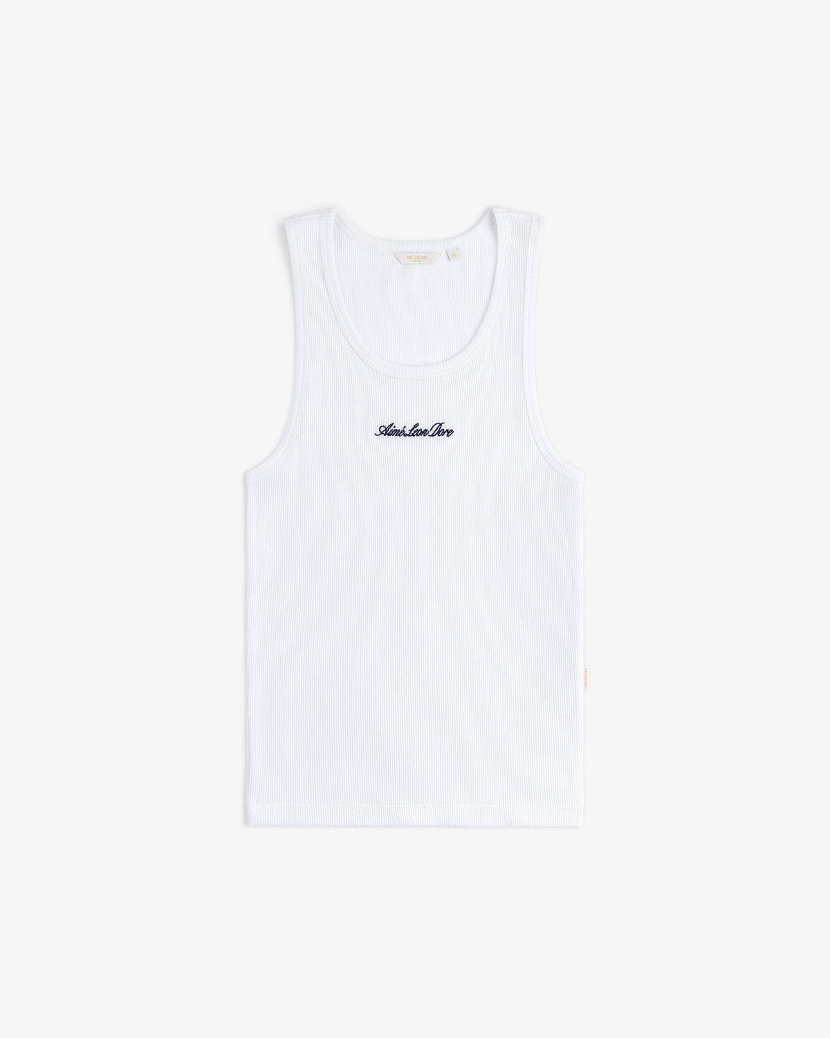 White Embroidered Logo Tank Top with "Amorider Here" text in black, displayed on a plain white background.