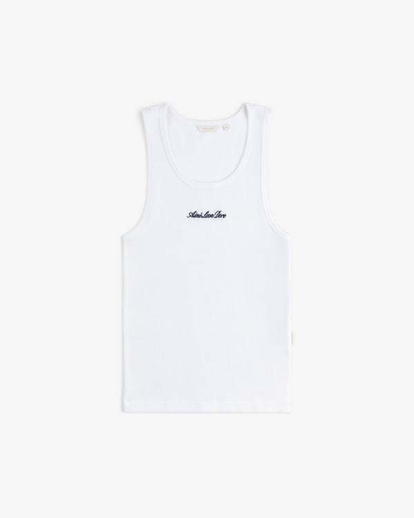 White Embroidered Logo Tank Top with "Amorider Here" text in black, displayed on a plain white background.
