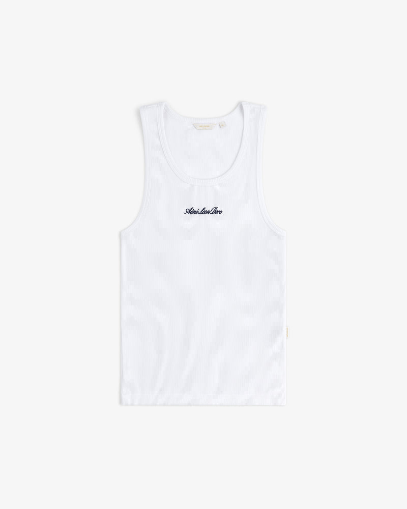 White Embroidered Logo Tank Top with "Amorider Here" text in black, displayed on a plain white background.