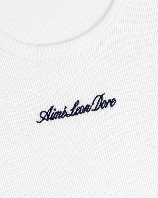 White ribbed Embroidered Logo Tank Top with Aimé Leon Dore in black cursive text on the chest.