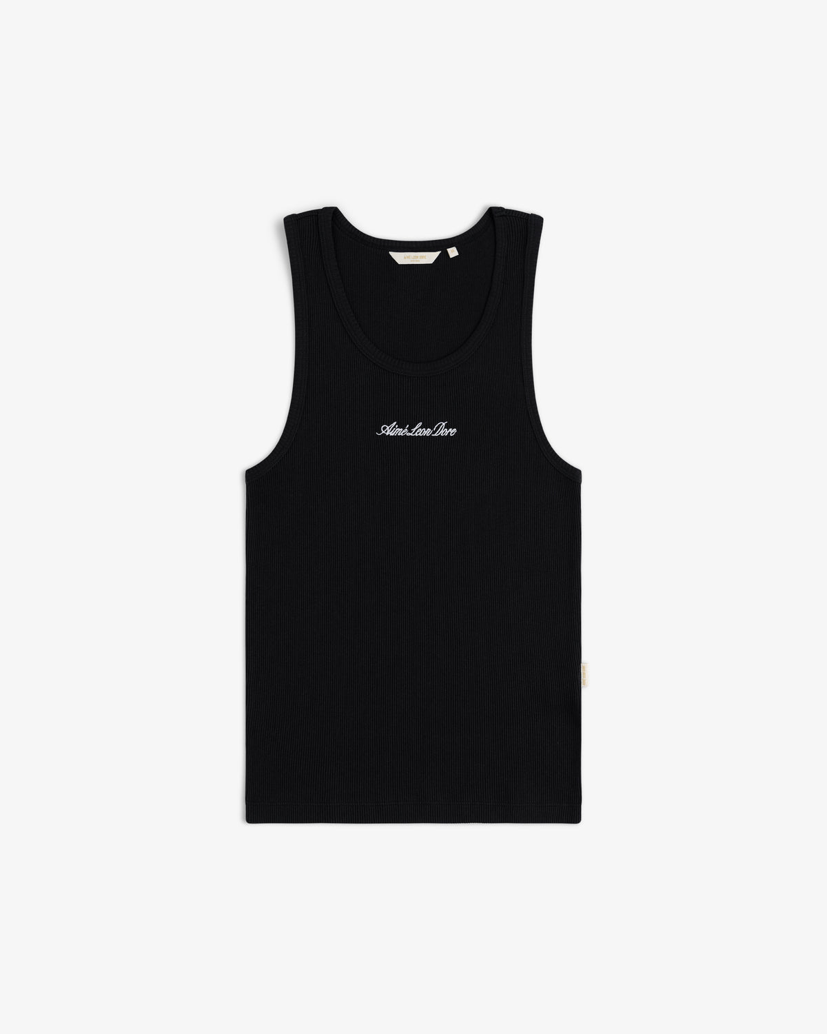 Embroidered Logo Tank Top in black with white Sunshine Trip text on chest, shown on a plain background.