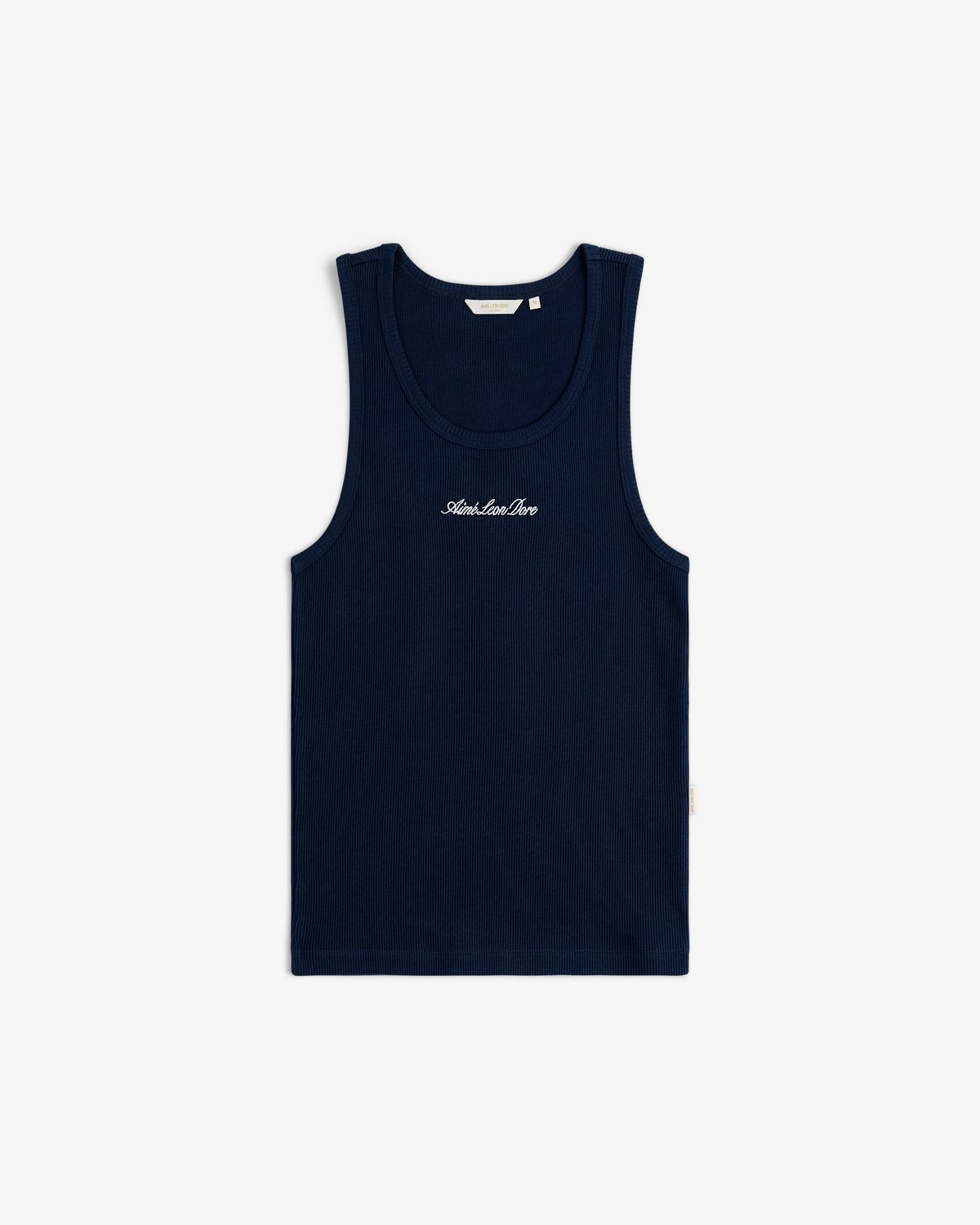 Embroidered Logo Tank Top in navy blue with white chest text, sleeveless, displayed flat on a white background.