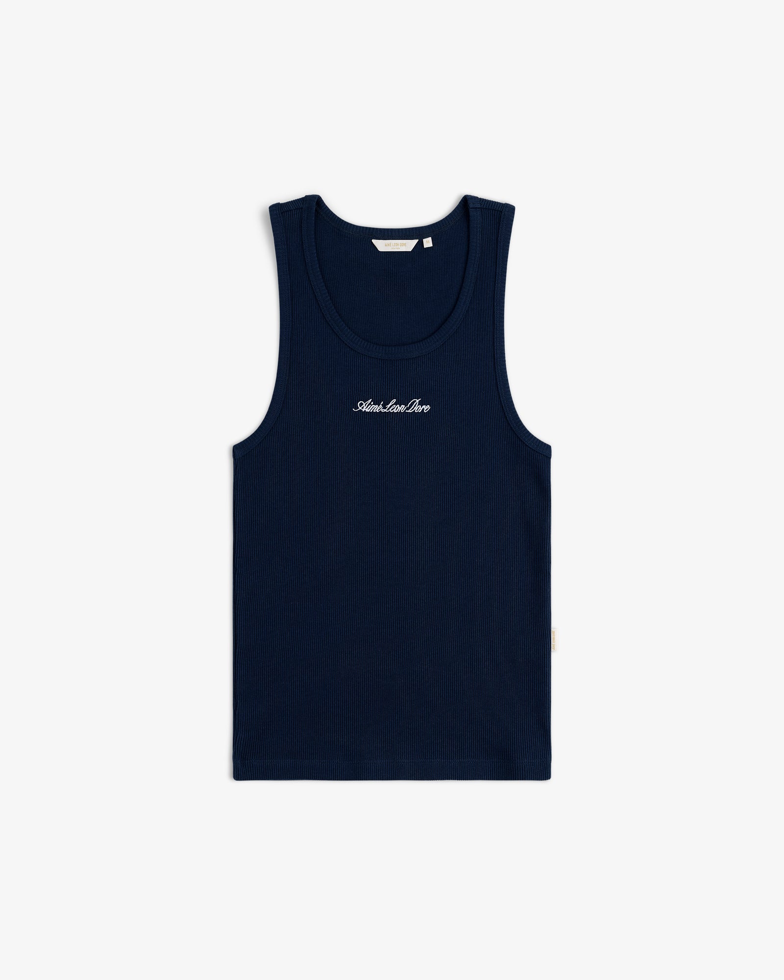 Embroidered Logo Tank Top in navy blue with white chest text, sleeveless, displayed flat on a white background.