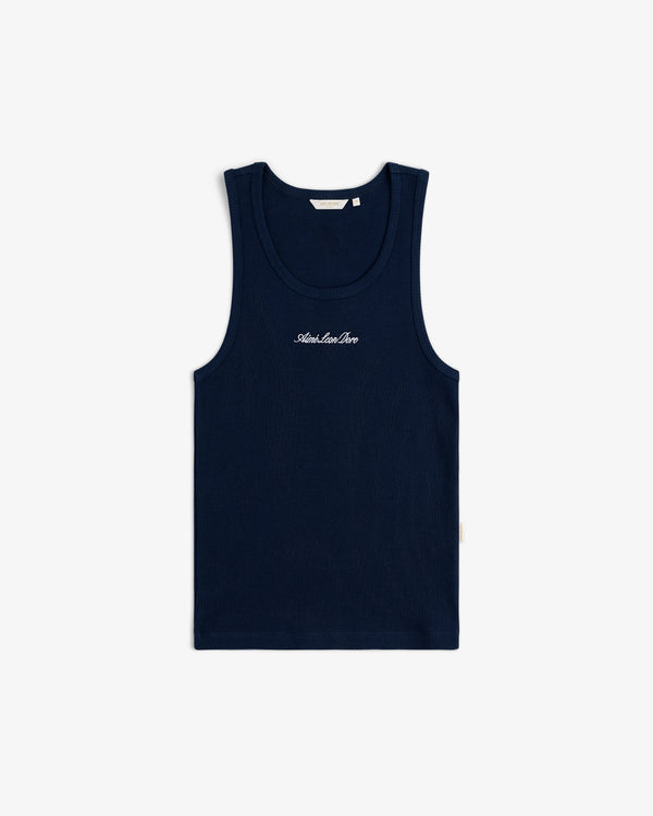 Embroidered Logo Tank Top in navy blue with white chest text, sleeveless, displayed flat on a white background.