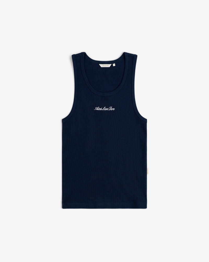 Embroidered Logo Tank Top in navy blue with white chest text, sleeveless, displayed flat on a white background.