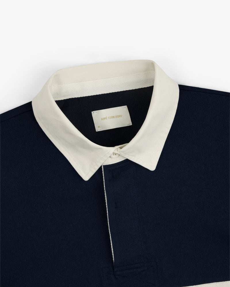Navy Script Paneled Rugby with a white pointed collar and interior neckline label.