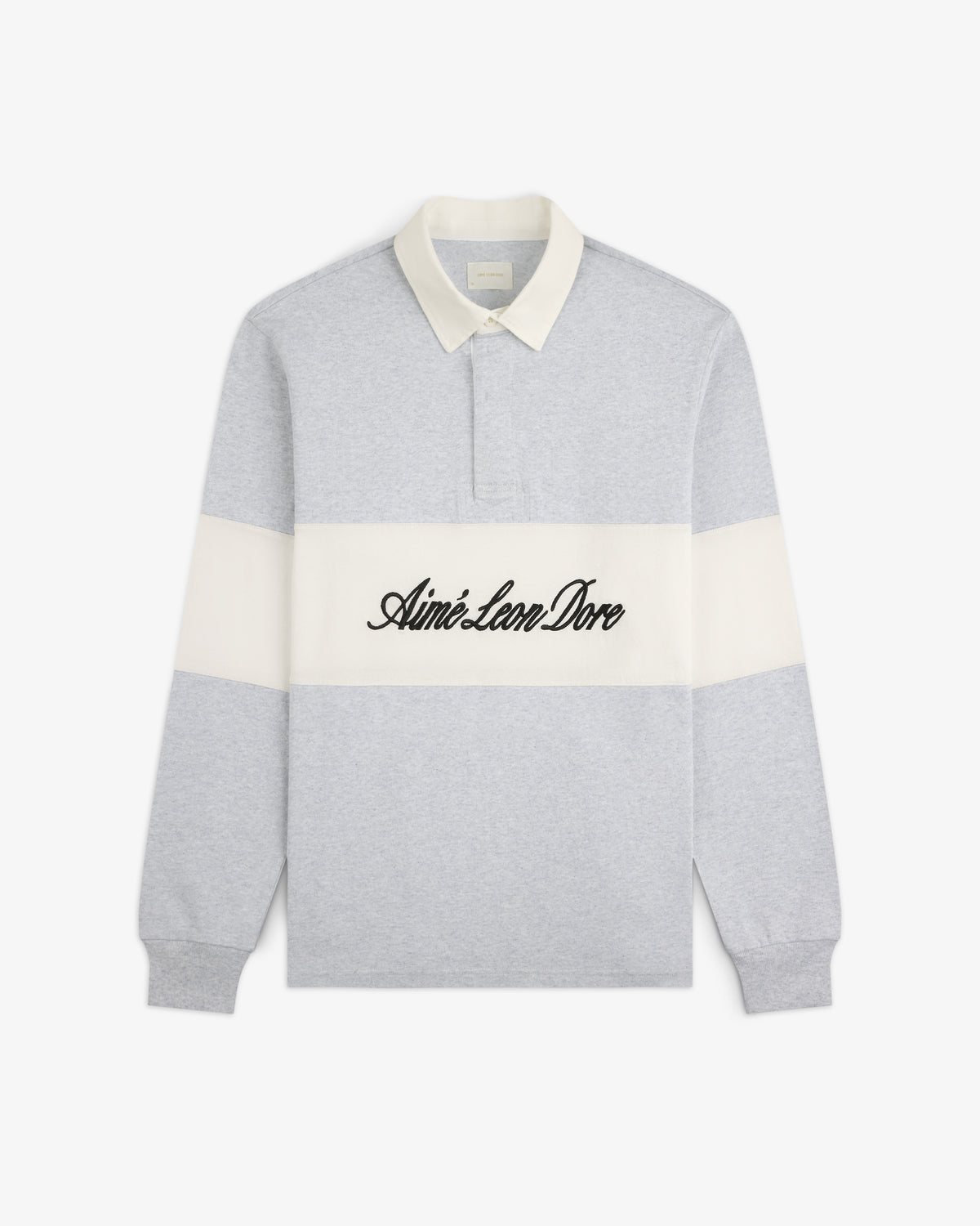 Light gray Script Paneled Rugby with white collar, stripe, and Aimé Leon Dore text in black script across the chest.