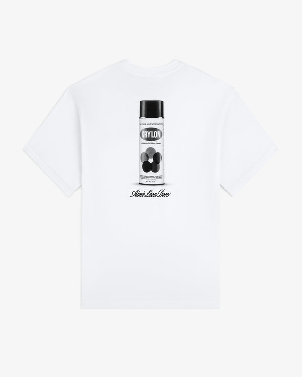 Krylon Pocket Tee: White tee with a black-and-white spray paint can graphic and script text on the back.