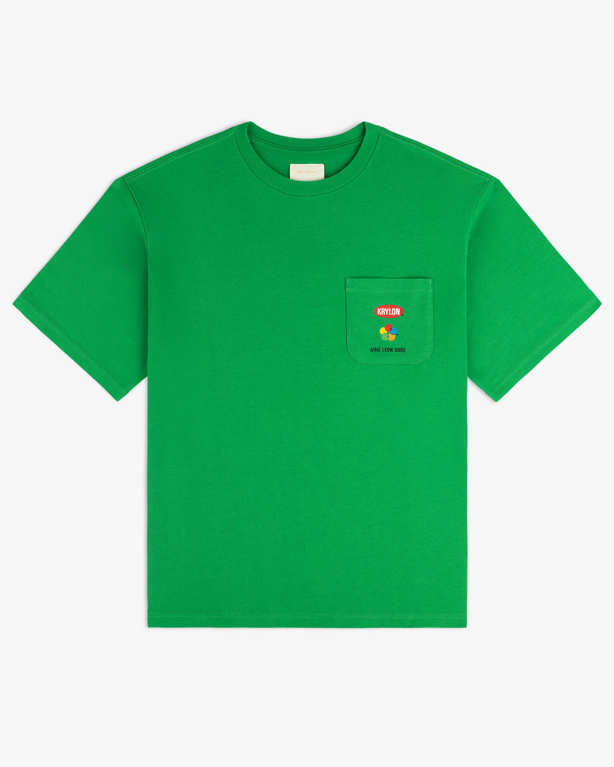 Krylon Pocket Tee in bright green with a front pocket, red and yellow flower graphic, and text above the pocket.