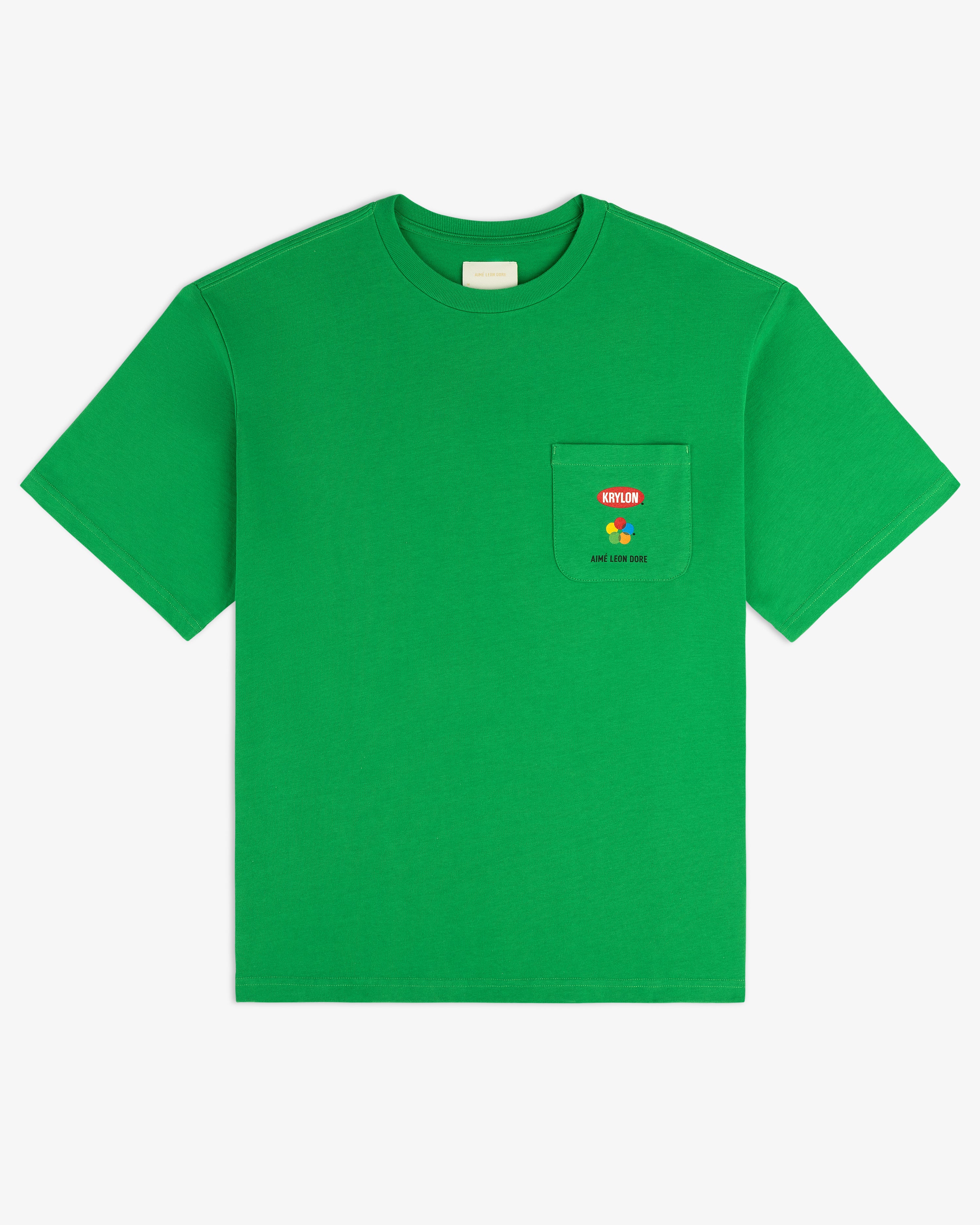 Krylon Pocket Tee in bright green with a front pocket, red and yellow flower graphic, and text above the pocket.