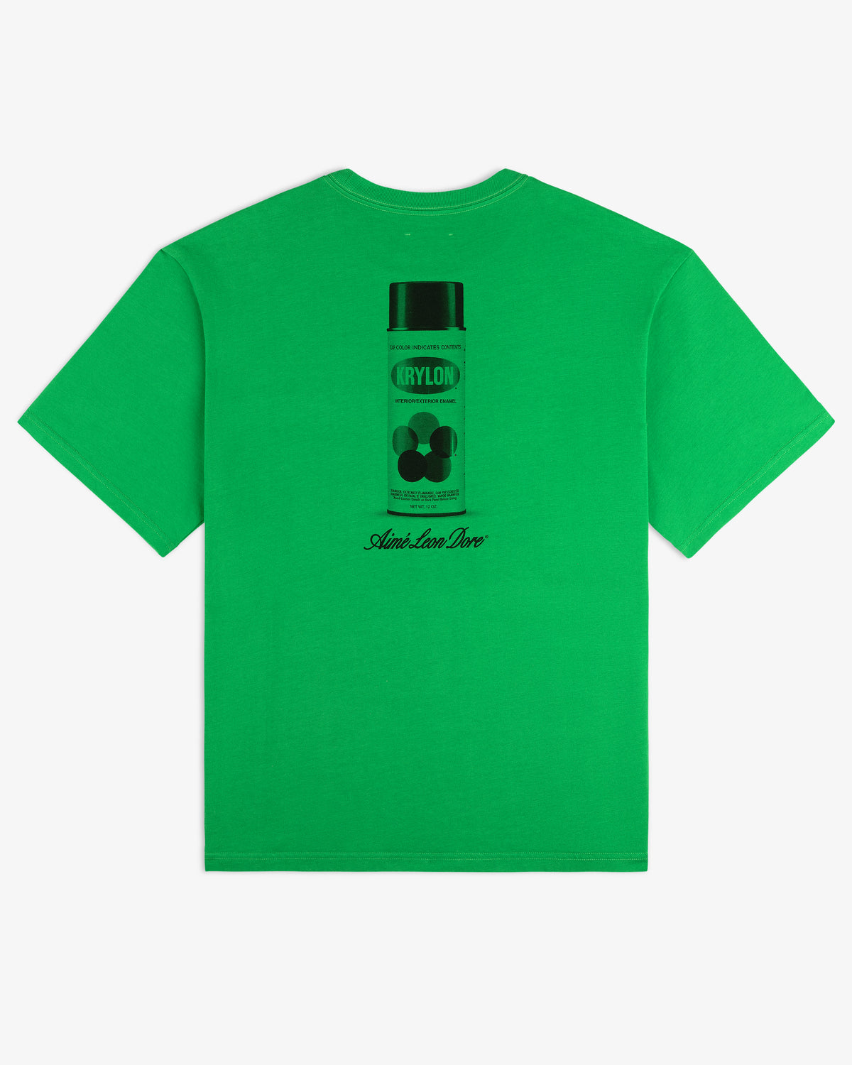 Bright green Krylon Pocket Tee with spray paint can graphic and Aunt Lisa Dot text on the back.