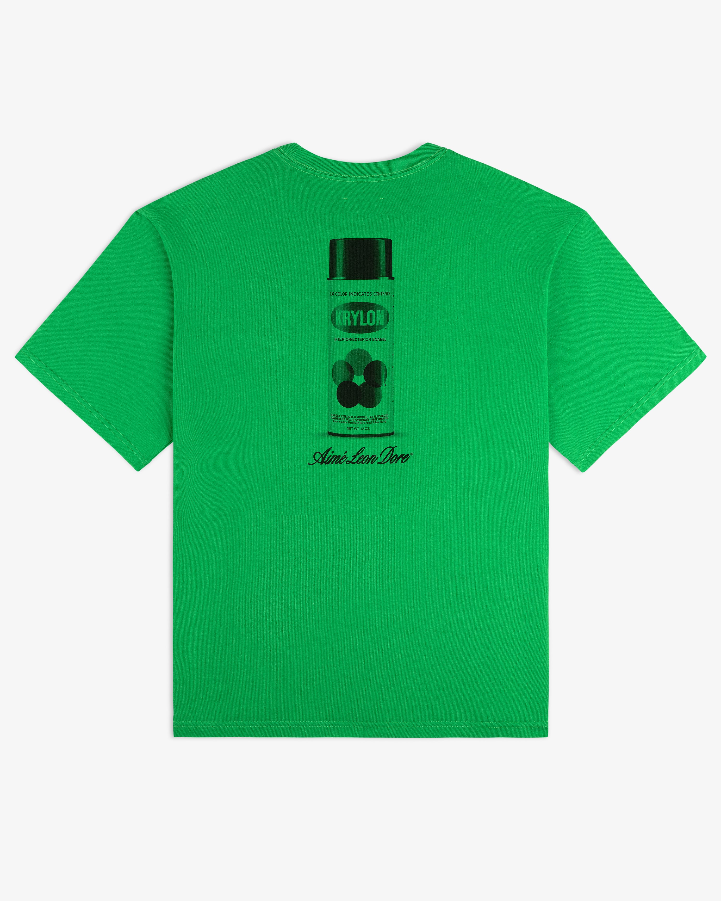 Bright green Krylon Pocket Tee with spray paint can graphic and Aunt Lisa Dot text on the back.