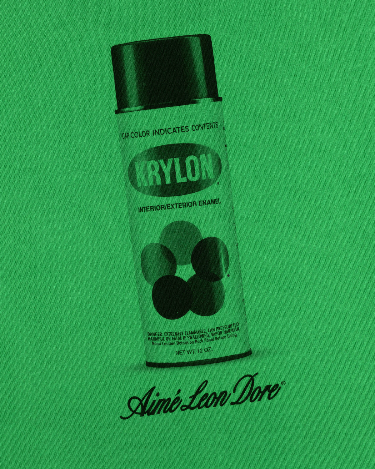 A black and white Krylon Pocket Tee with Aimé Leon Dore text on a green background.