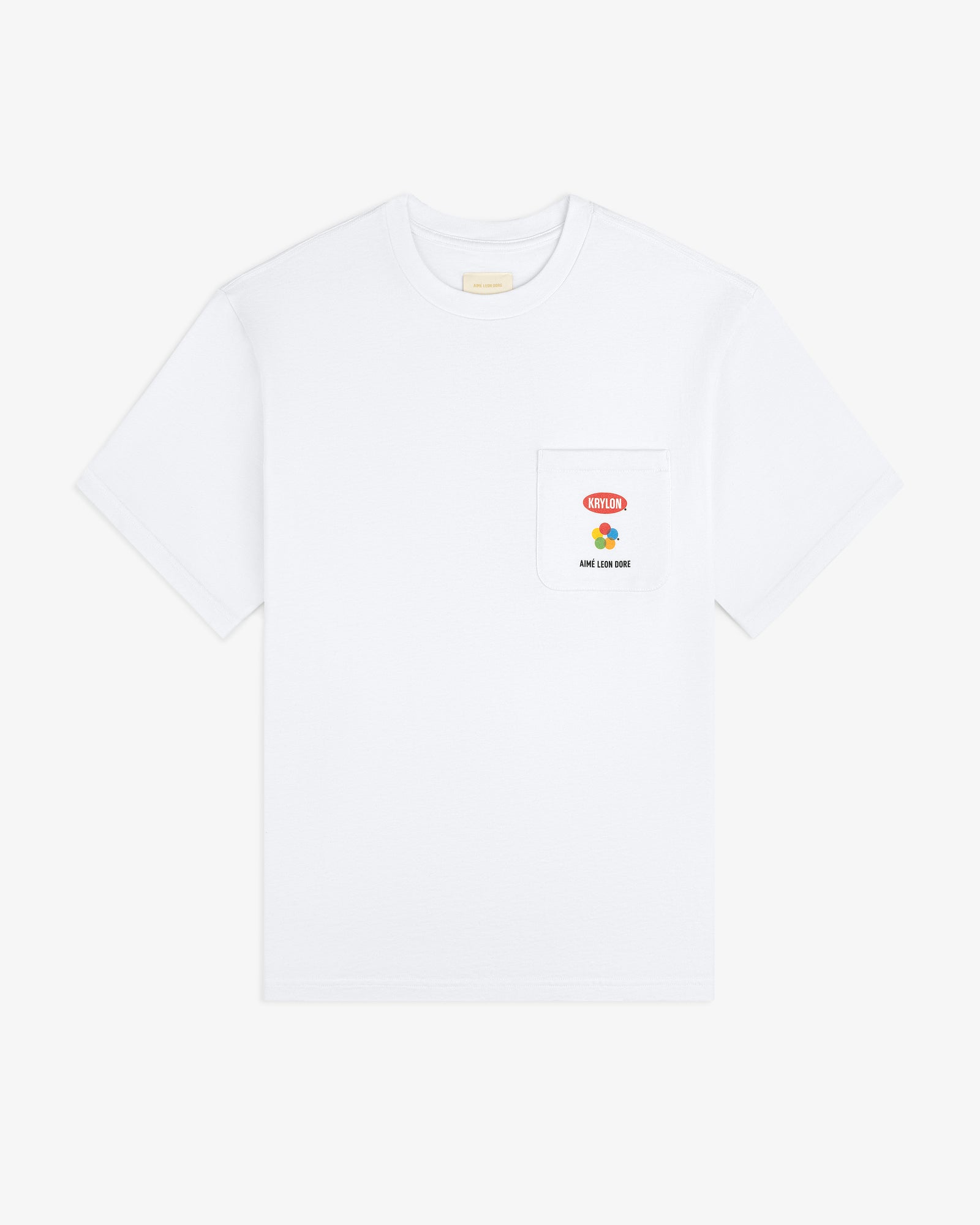 Krylon Pocket Tee: White short-sleeve shirt with small red and yellow graphic and text on the left chest pocket.